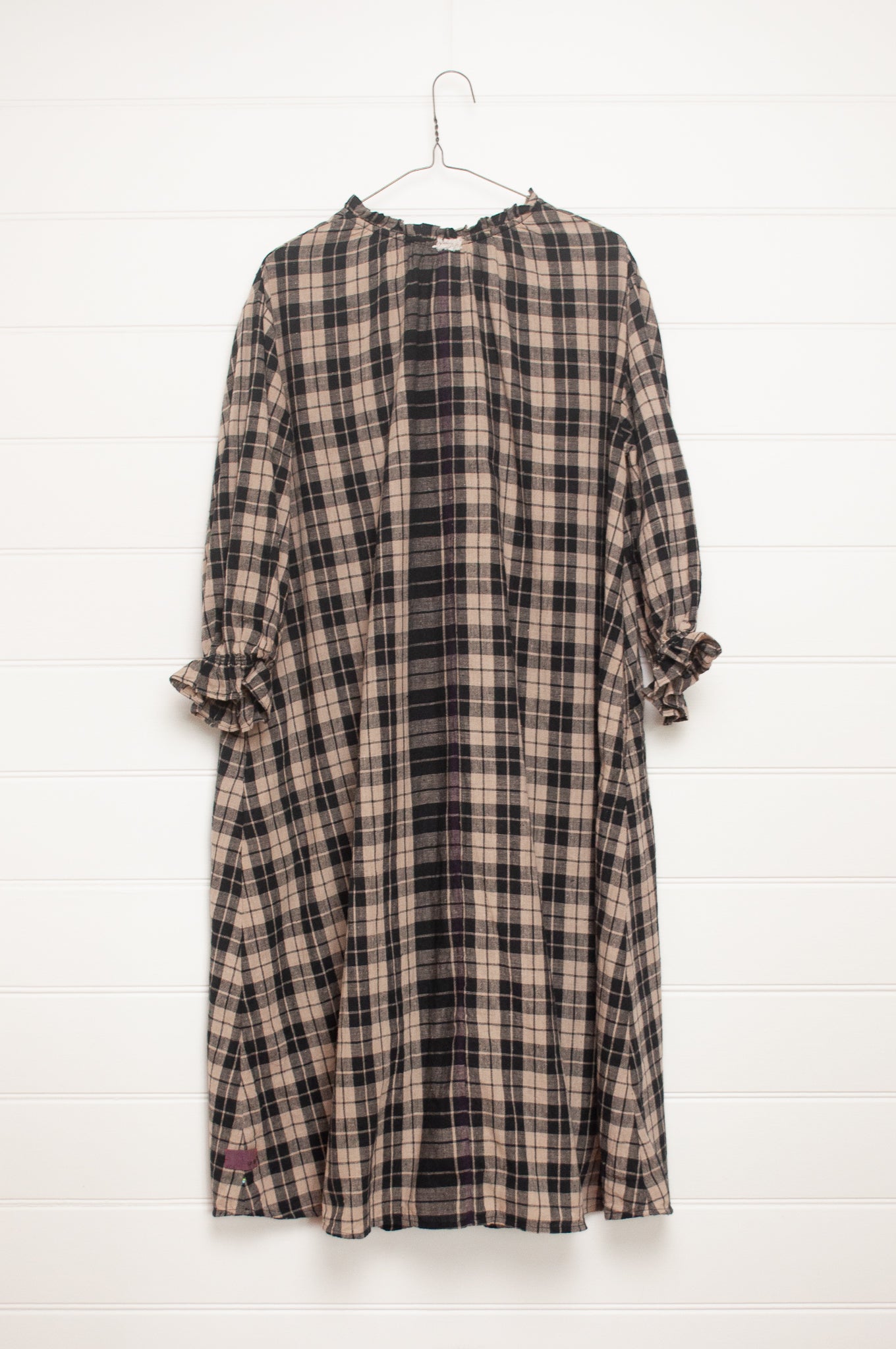 Lotus Veda River tunic dress kala cotton handloom in black and beige plaid.