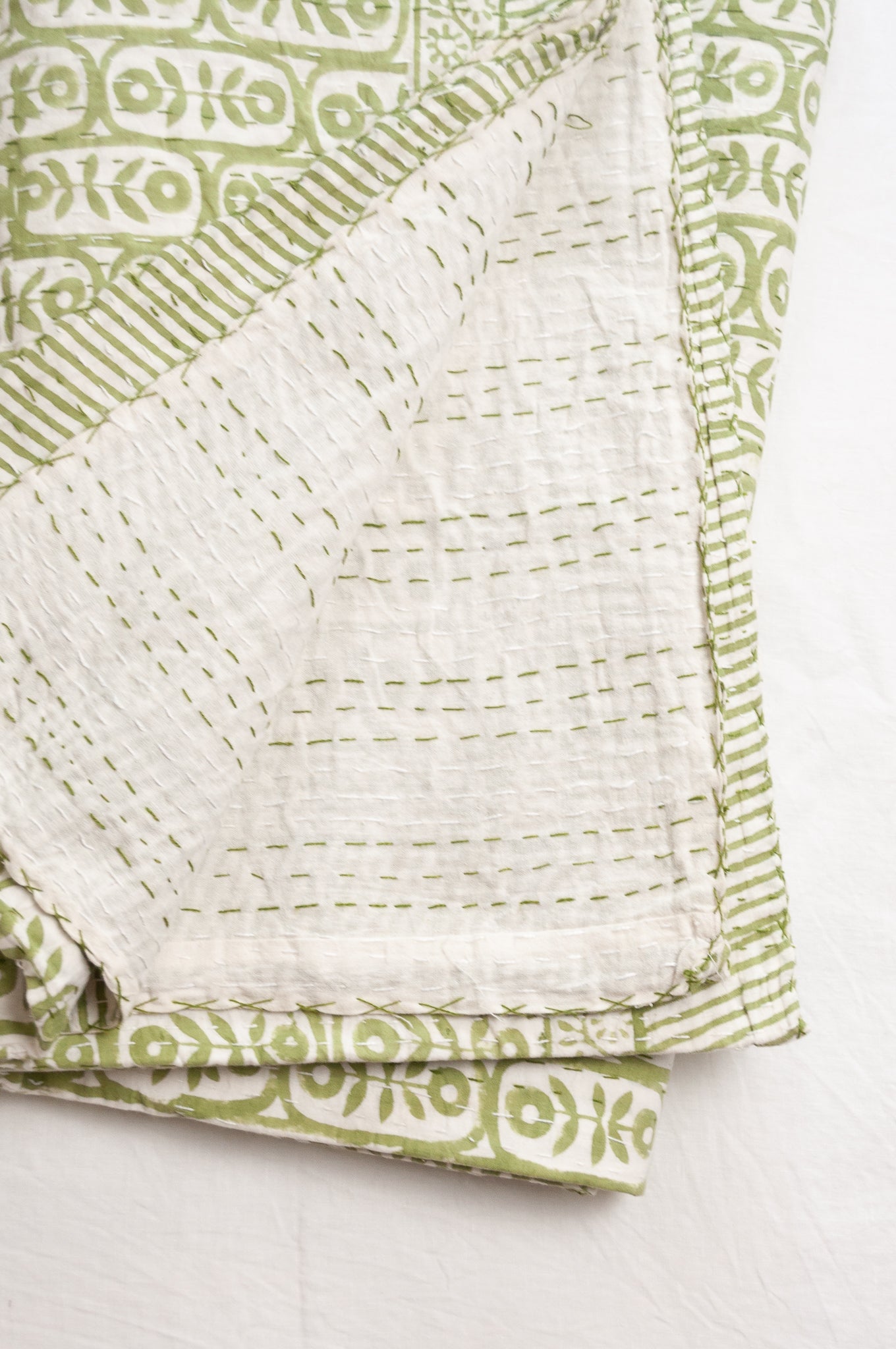 Kantha quilt blockprint pure cotton in floral sage green on white pattern.