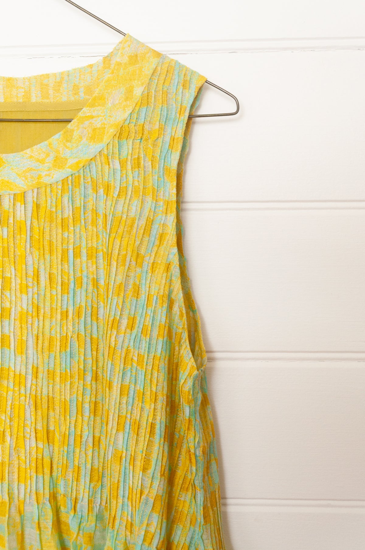 Neeru Kumar fine cotton silk pintucked sleeveless sundress in lime yellow with aqua check.