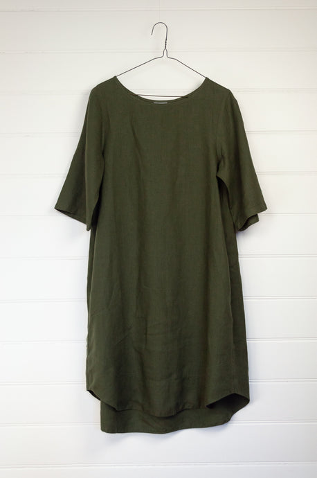 Valia made in Melbourne Maria dress A line mid length sleeves in olive linen.