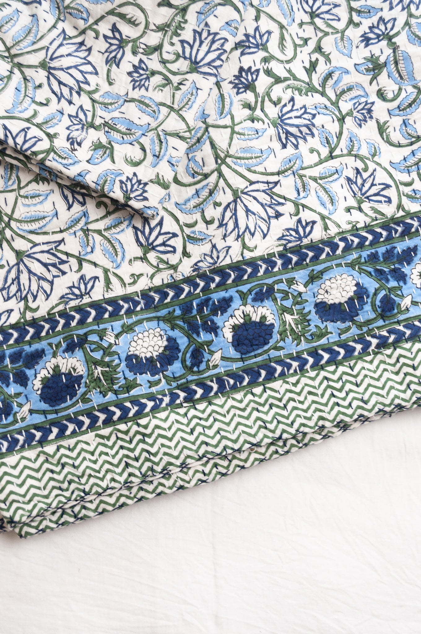 Kantha quilt blockprint pure cotton in floral blue and green on white pattern.