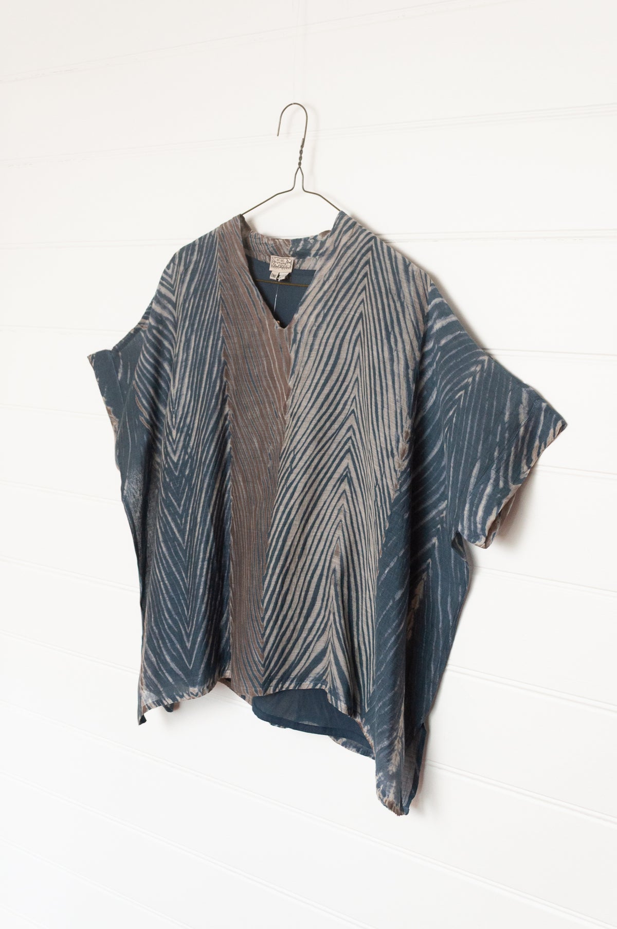 Neeru Kumar cotton silk shibori v-neck short sleeved top in greens and greys.