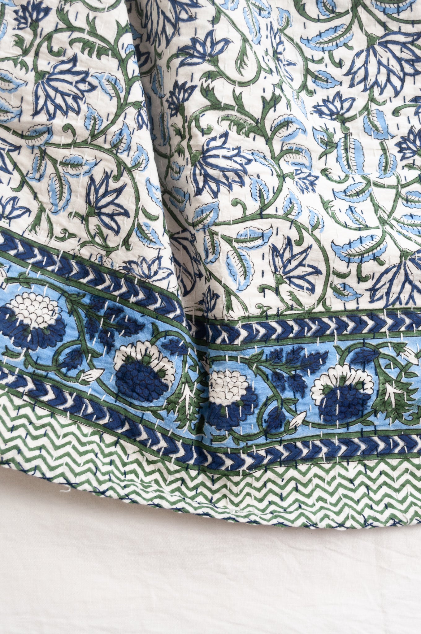 Kantha quilt blockprint pure cotton in floral blue and green on white pattern.