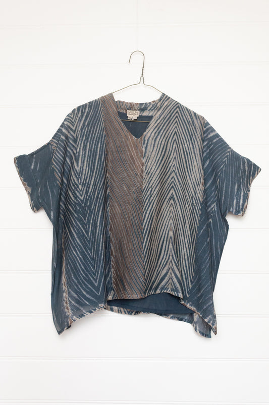 Neeru Kumar cotton silk shibori v-neck short sleeved top in greens and greys.