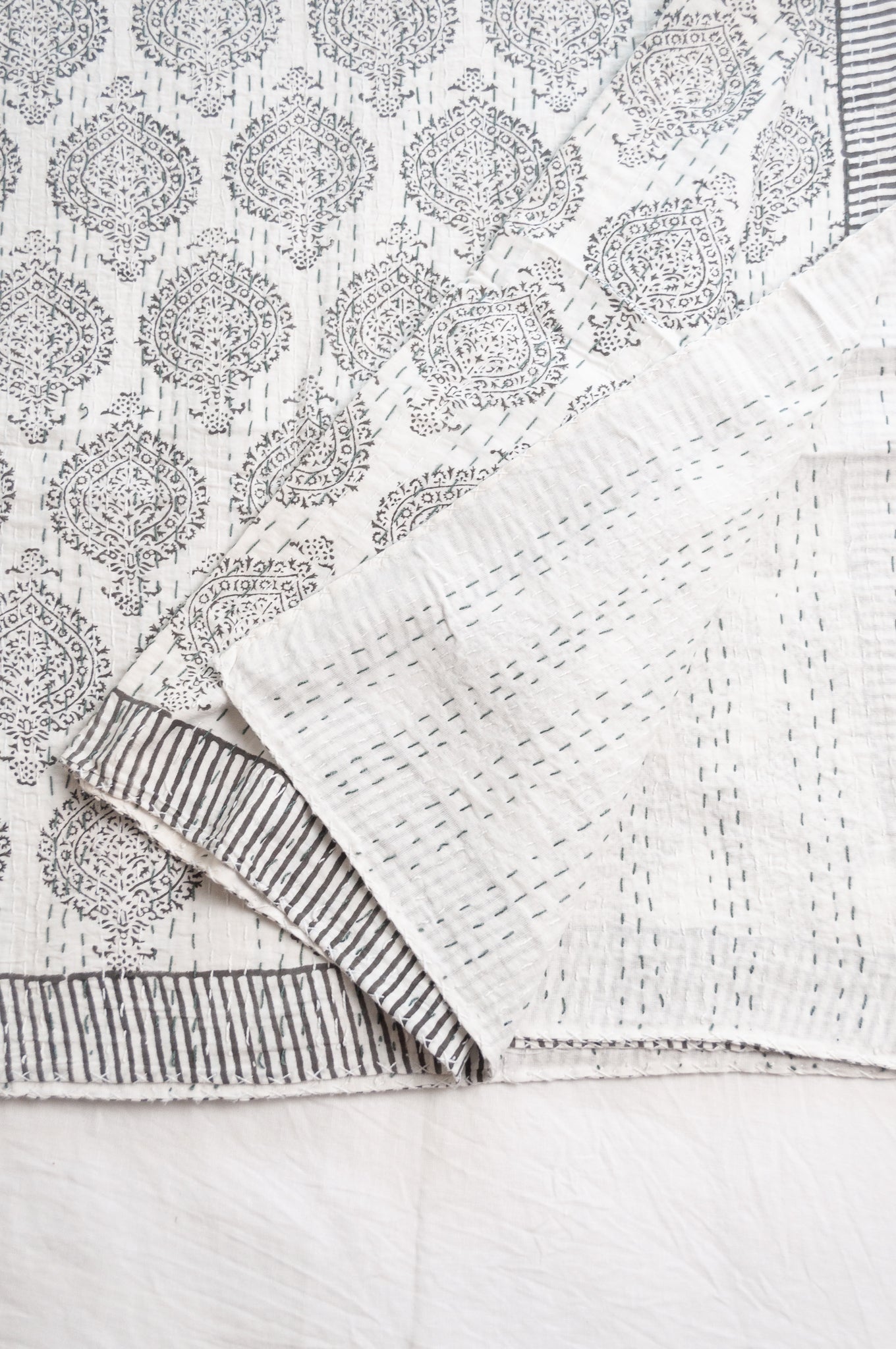 Kantha quilt blockprint pure cotton in pewter grey on white pattern.
