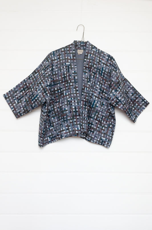 Neeru Kumar quilted cotton kimono jacket in charcoal checks.