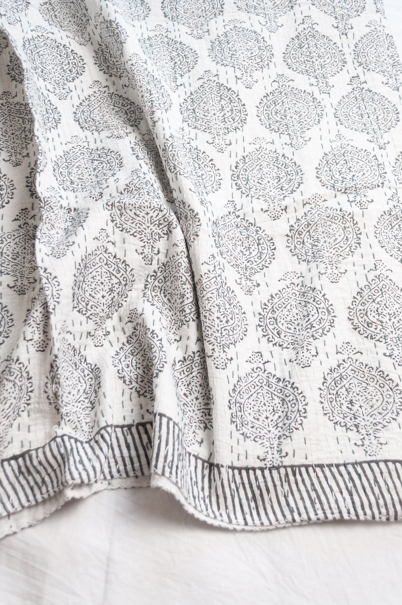 Kantha quilt blockprint pure cotton in pewter grey on white pattern.