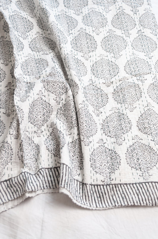 Kantha quilt blockprint pure cotton in pewter grey on white pattern.