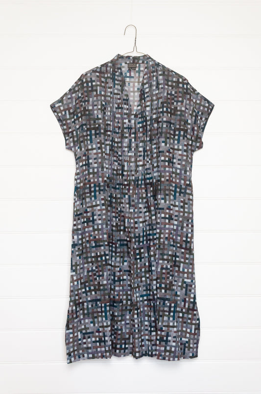 Neeru Kumar fine cotton pintucked  cap sleeved dress in charcoal and brown checks with teal highlights.