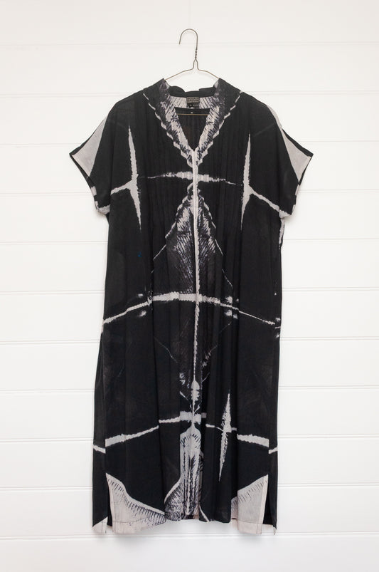 Neeru Kumar fine cotton pintucked cap sleeved dress in black and white shibori design.