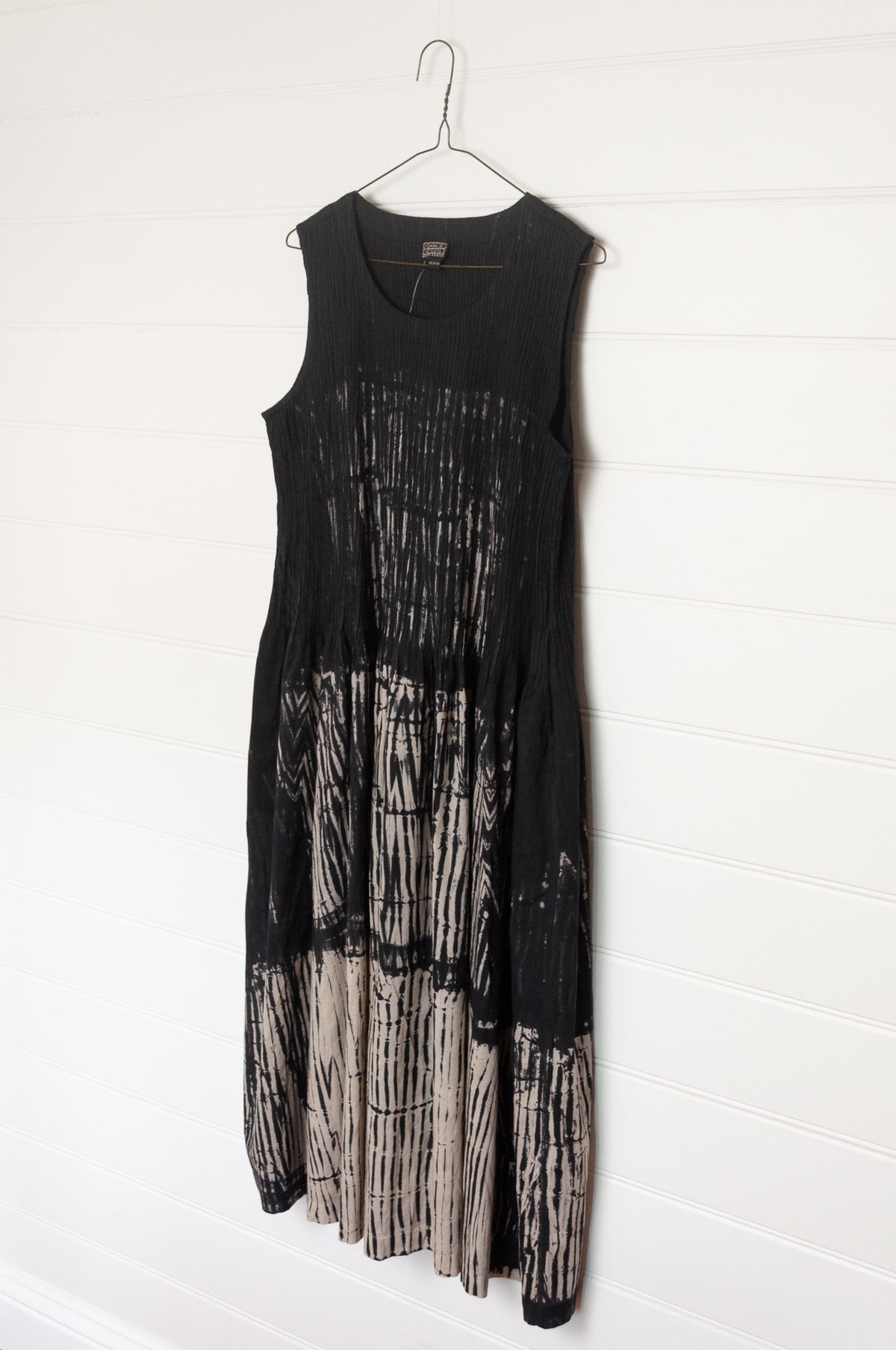 Neeru Kumar fine cotton pintucked  sleeveless dress in black and white shibori design.