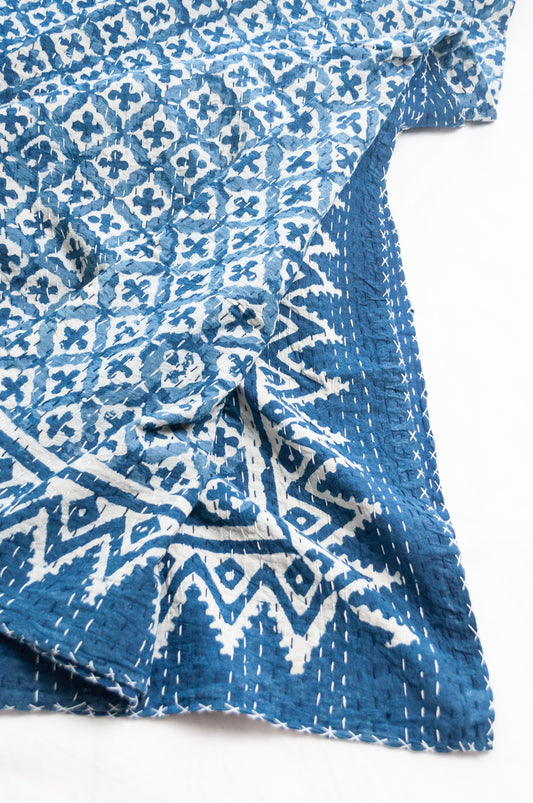 Kantha quilt indigo blockprint pure cotton in dot and cross pattern.