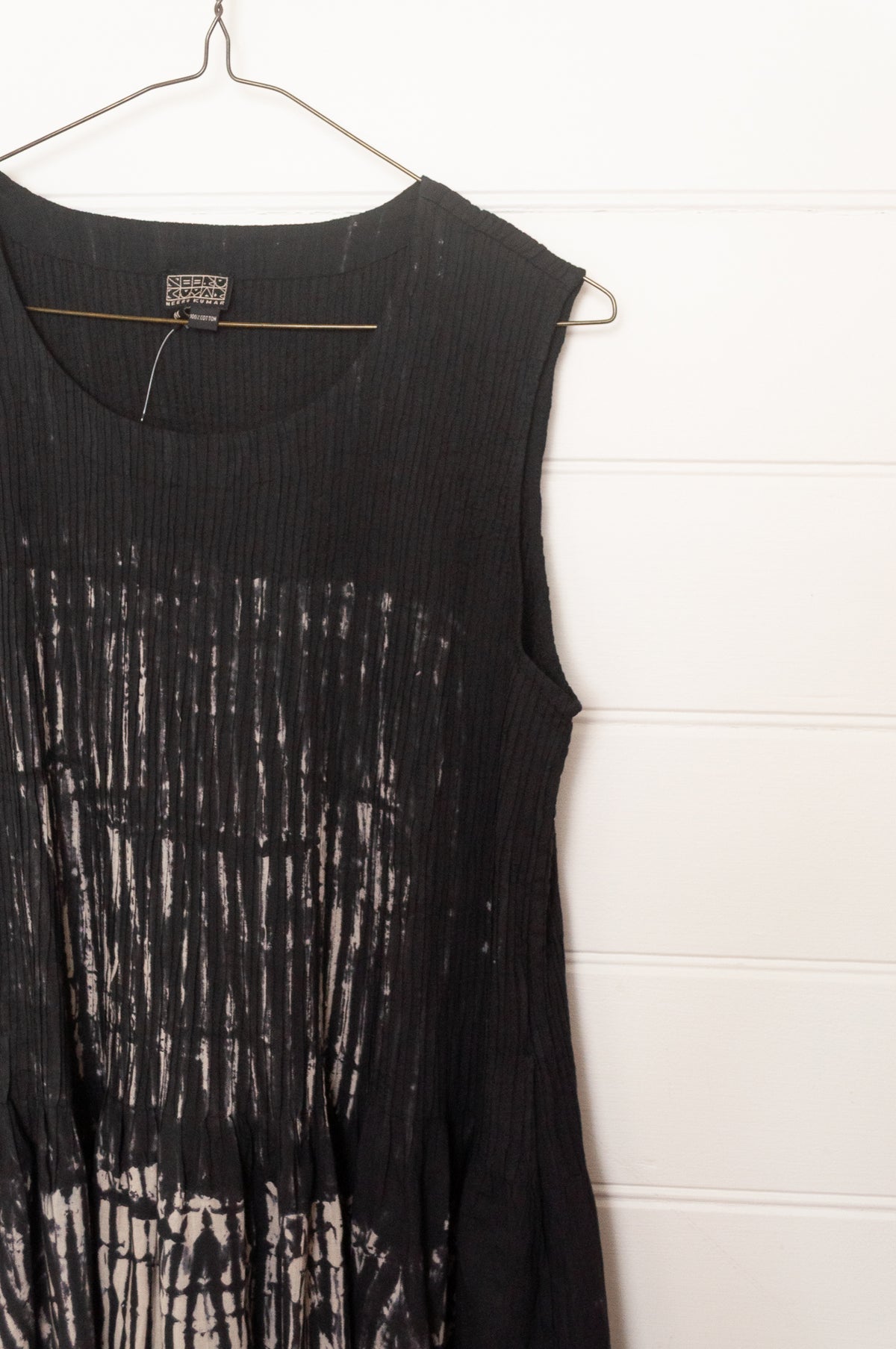 Neeru Kumar fine cotton pintucked  sleeveless dress in black and white shibori design.