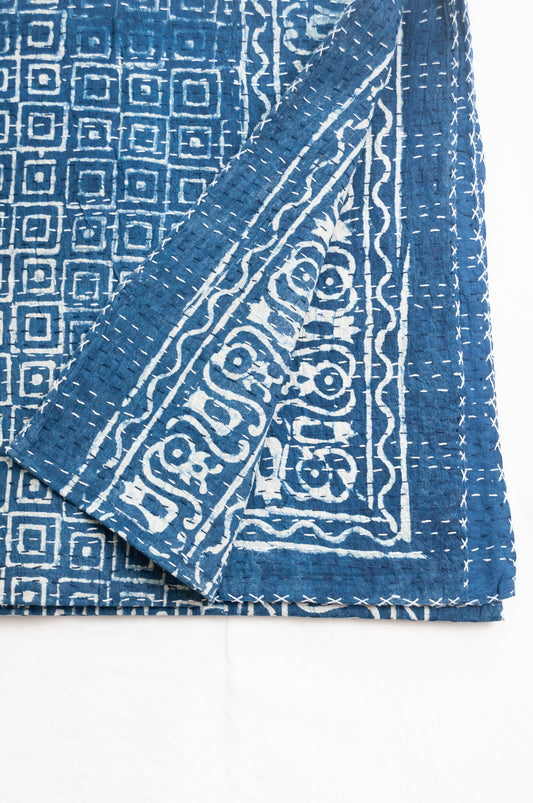Indigo blue and white pure cotton kantha stitch bed quilt with squares design.