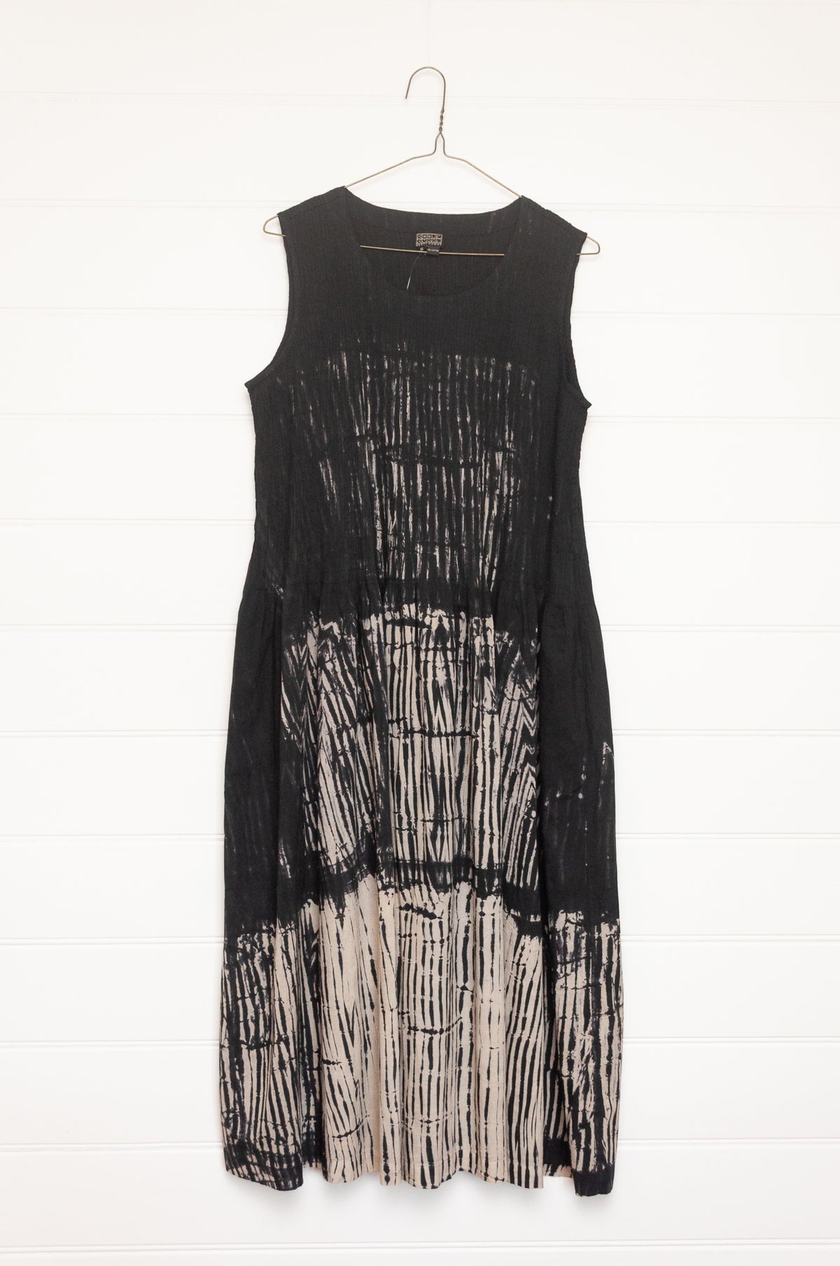 Neeru Kumar fine cotton pintucked  sleeveless dress in black and white shibori design.