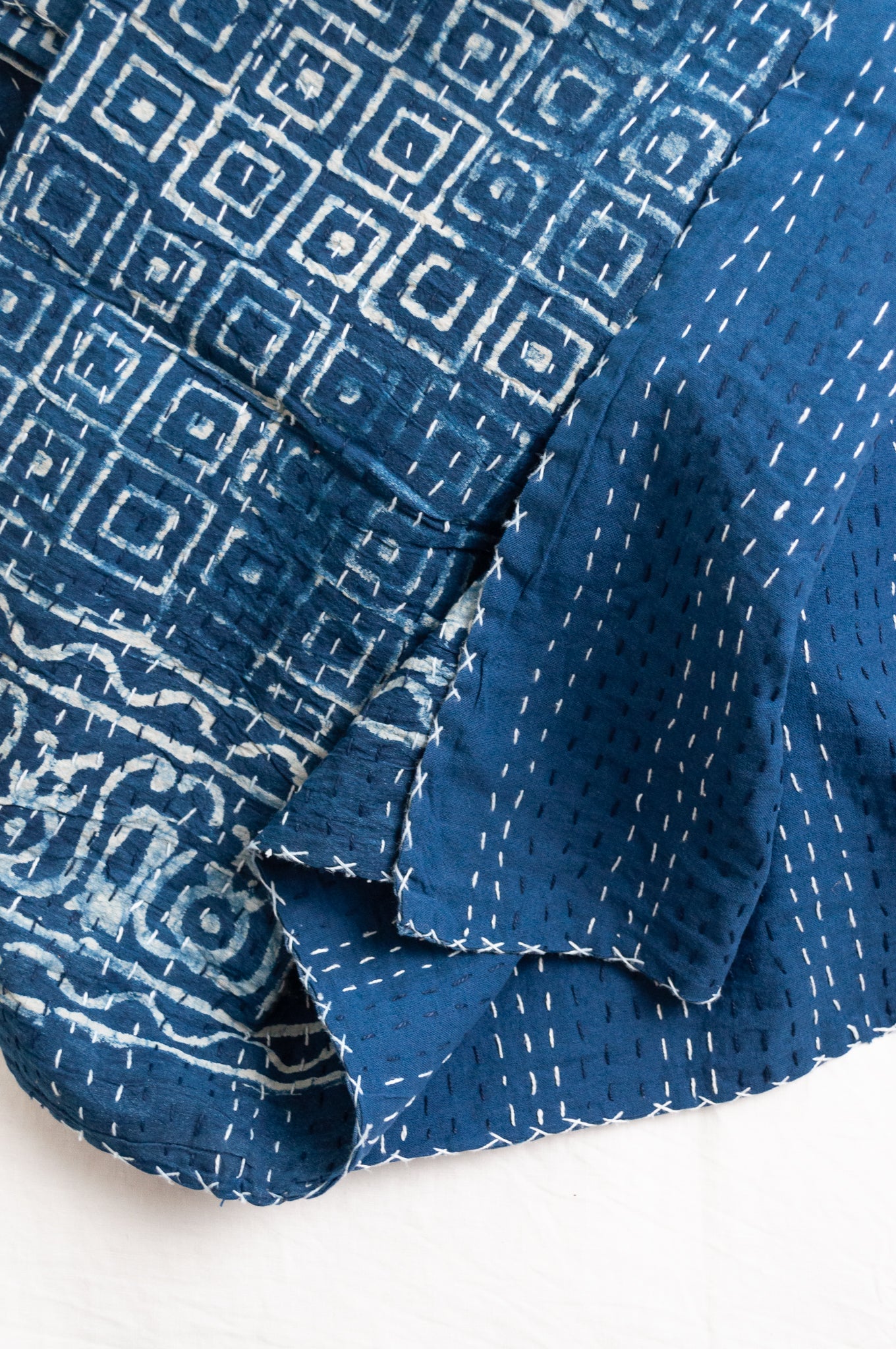 Indigo blue and white pure cotton kantha stitch bed quilt with squares design.