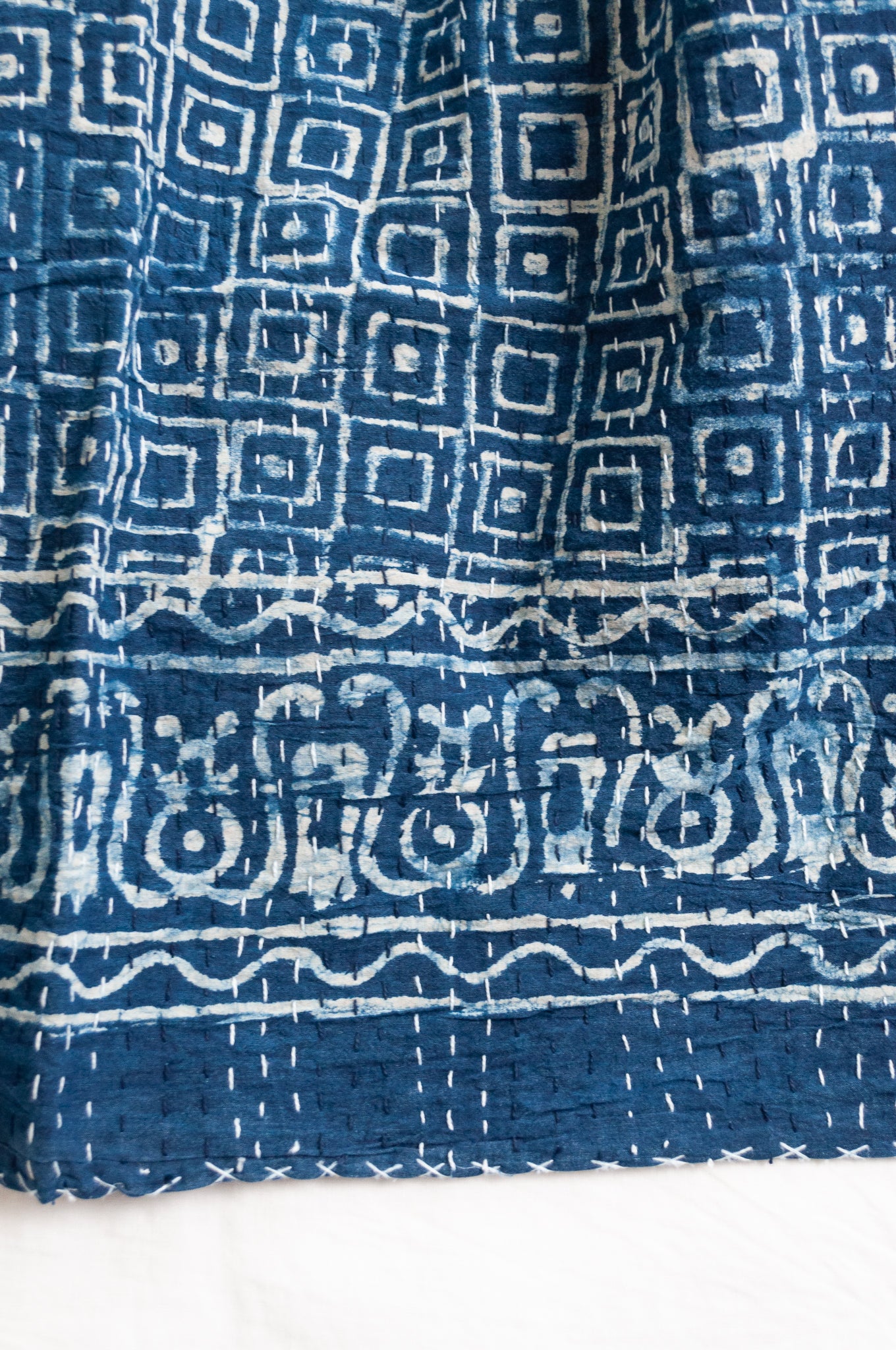 Indigo blue and white pure cotton kantha stitch bed quilt with squares design.