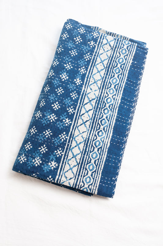 Indigo blue and white pure cotton kantha stitch bed quilt with diamond dot design.