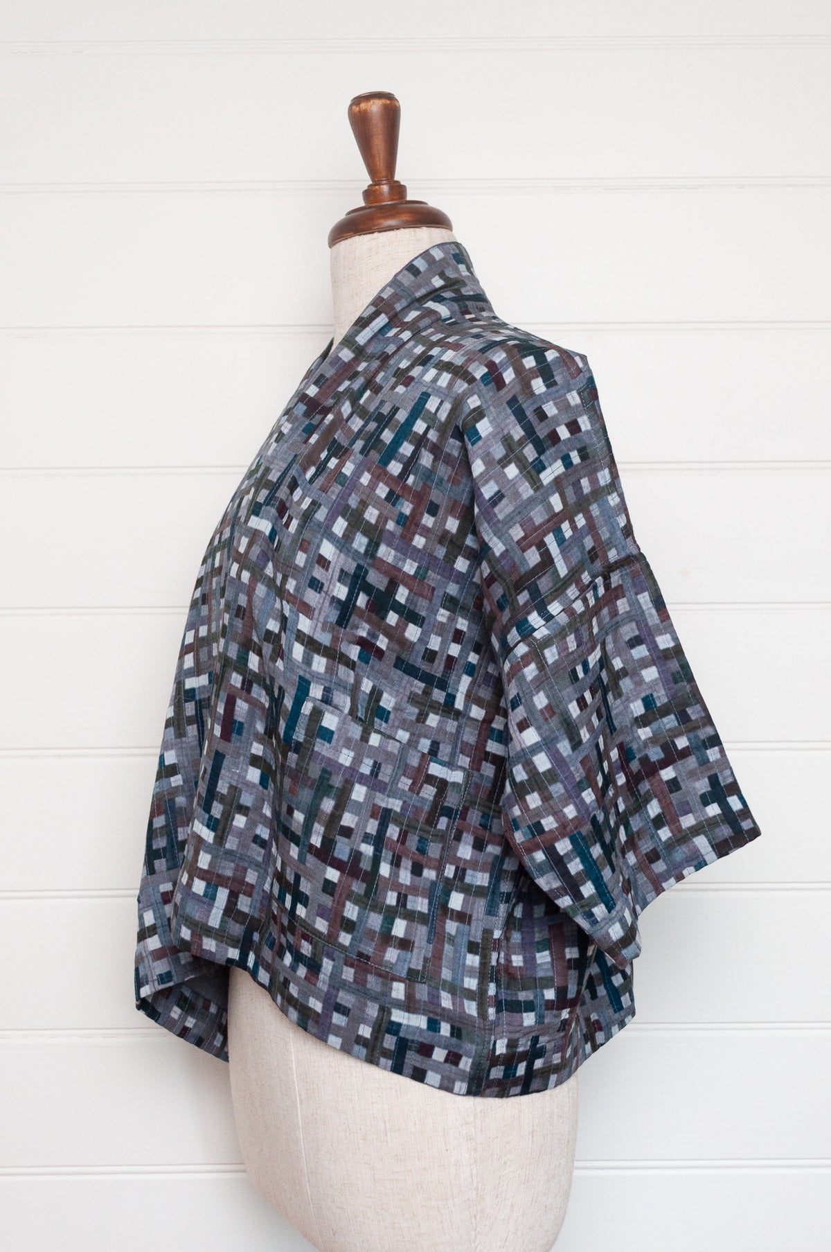 Neeru Kumar quilted cotton kimono jacket in charcoal checks.