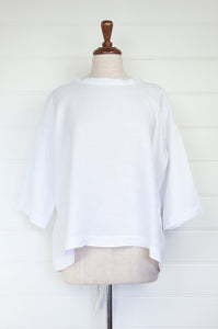 Banana Blue made in Melbourne white linen top with peplum tie.