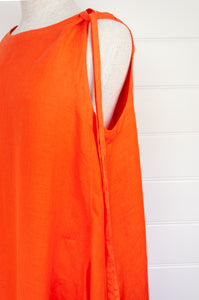 Banana Blue made in Melbourne pleat detail sun dress in neon orange linen.