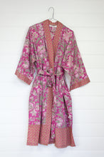 Load image into Gallery viewer, Juniper Hearth pure cotton kimono robe in magenta pink floral print with contrasting trim.