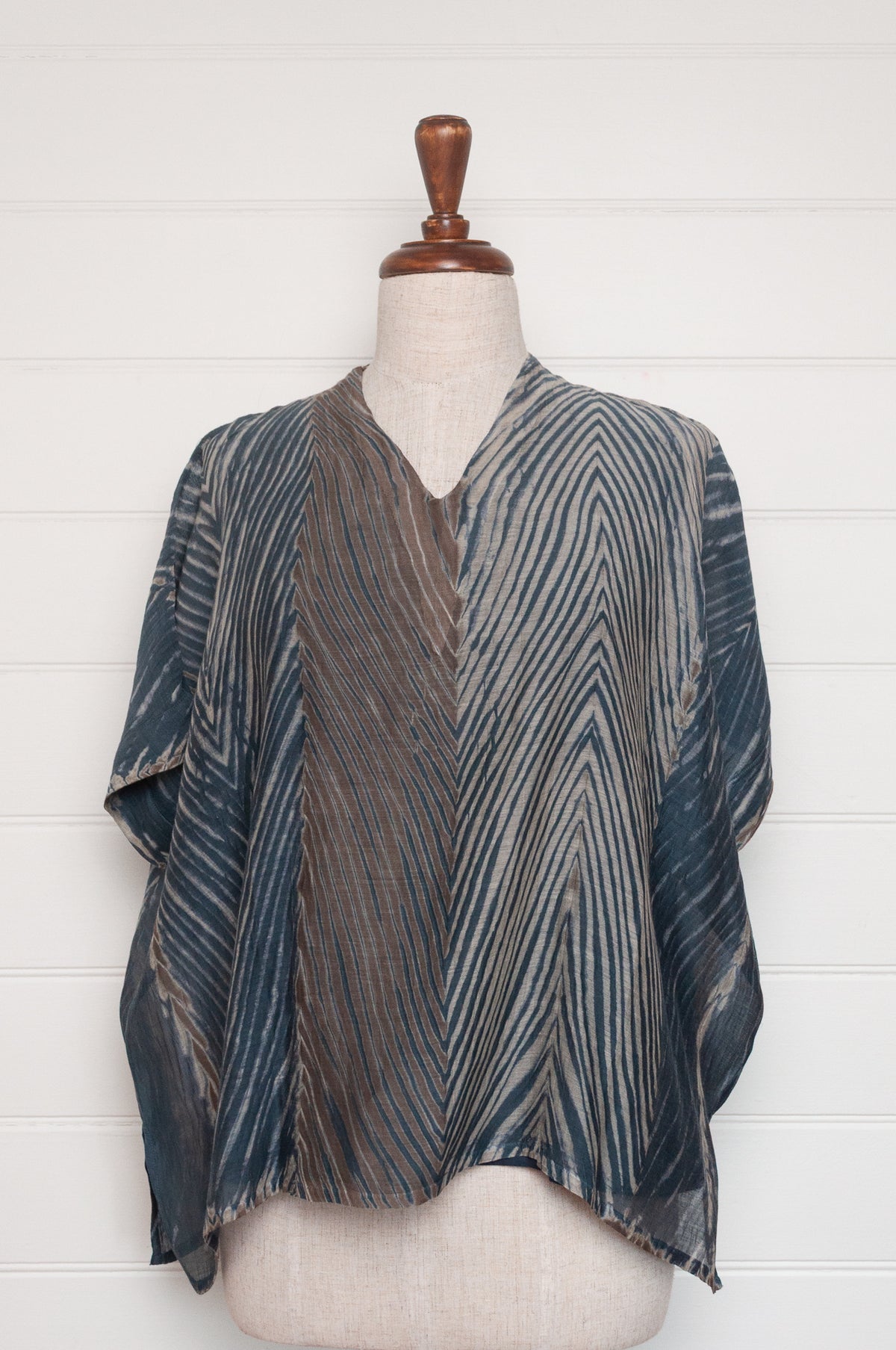 Neeru Kumar cotton silk shibori v-neck short sleeved top in greens and greys.