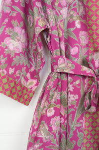 Juniper Hearth pure cotton kimono robe in magenta pink floral print with contrasting trim.