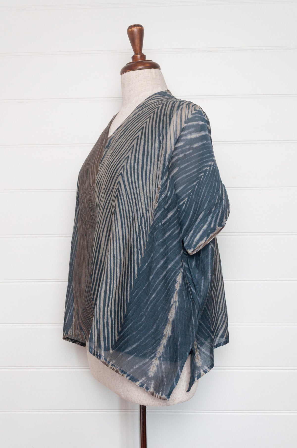 Neeru Kumar cotton silk shibori v-neck short sleeved top in greens and greys.