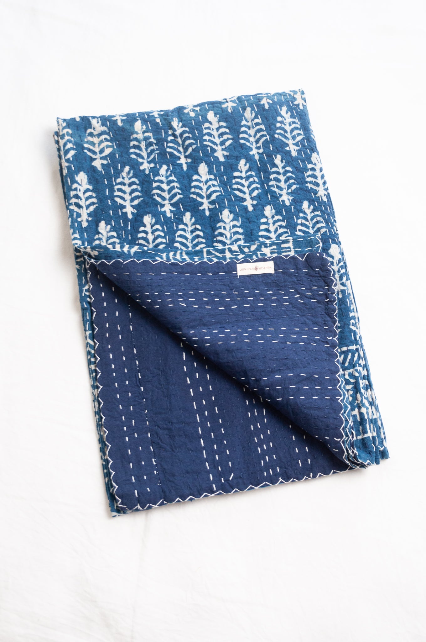 Pure cotton indigo dyed block print kantha quilt bhuti design.
