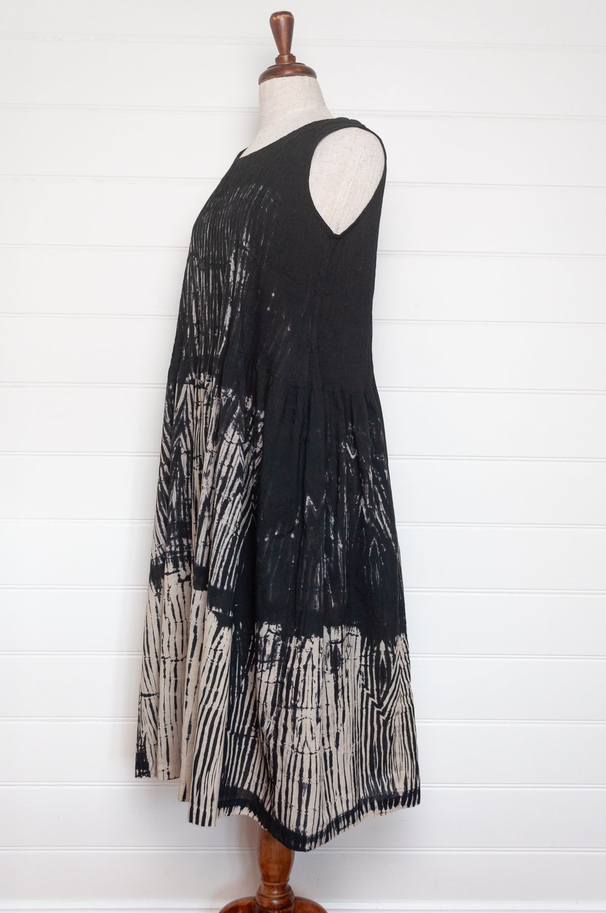 Neeru Kumar fine cotton pintucked  sleeveless dress in black and white shibori design.