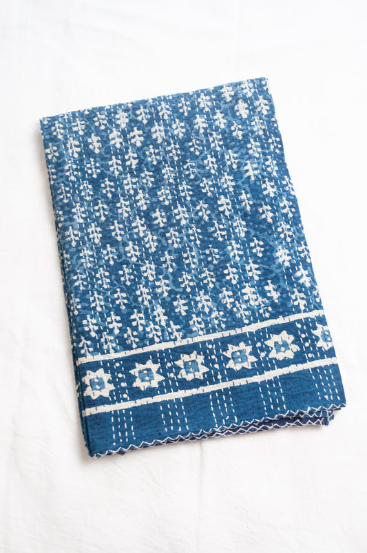 Pure cotton indigo dyed block print kantha quilt bhuti design.