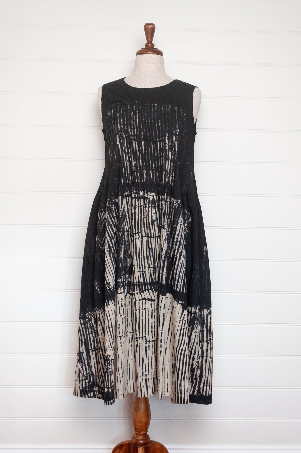 Neeru Kumar fine cotton pintucked  sleeveless dress in black and white shibori design.