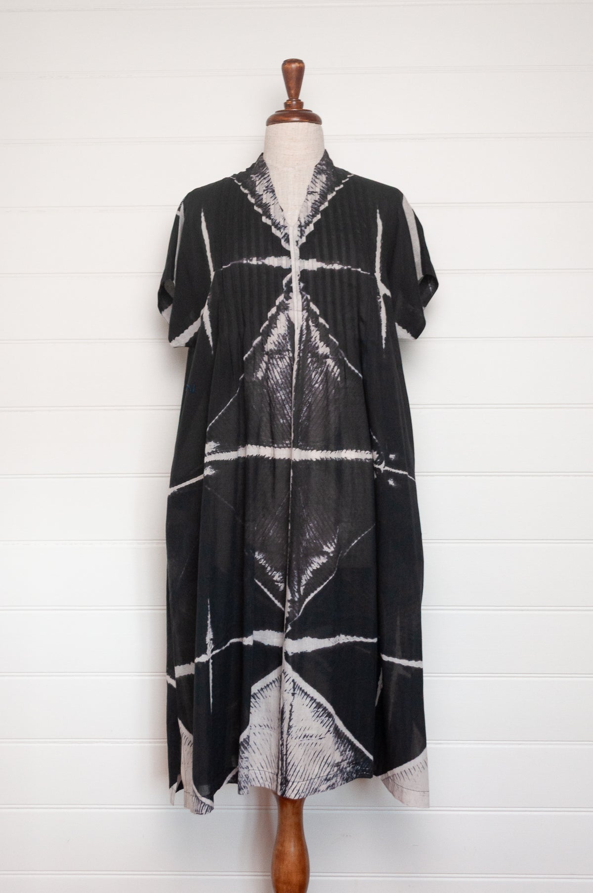 Neeru Kumar fine cotton pintucked cap sleeved dress in black and white shibori design.