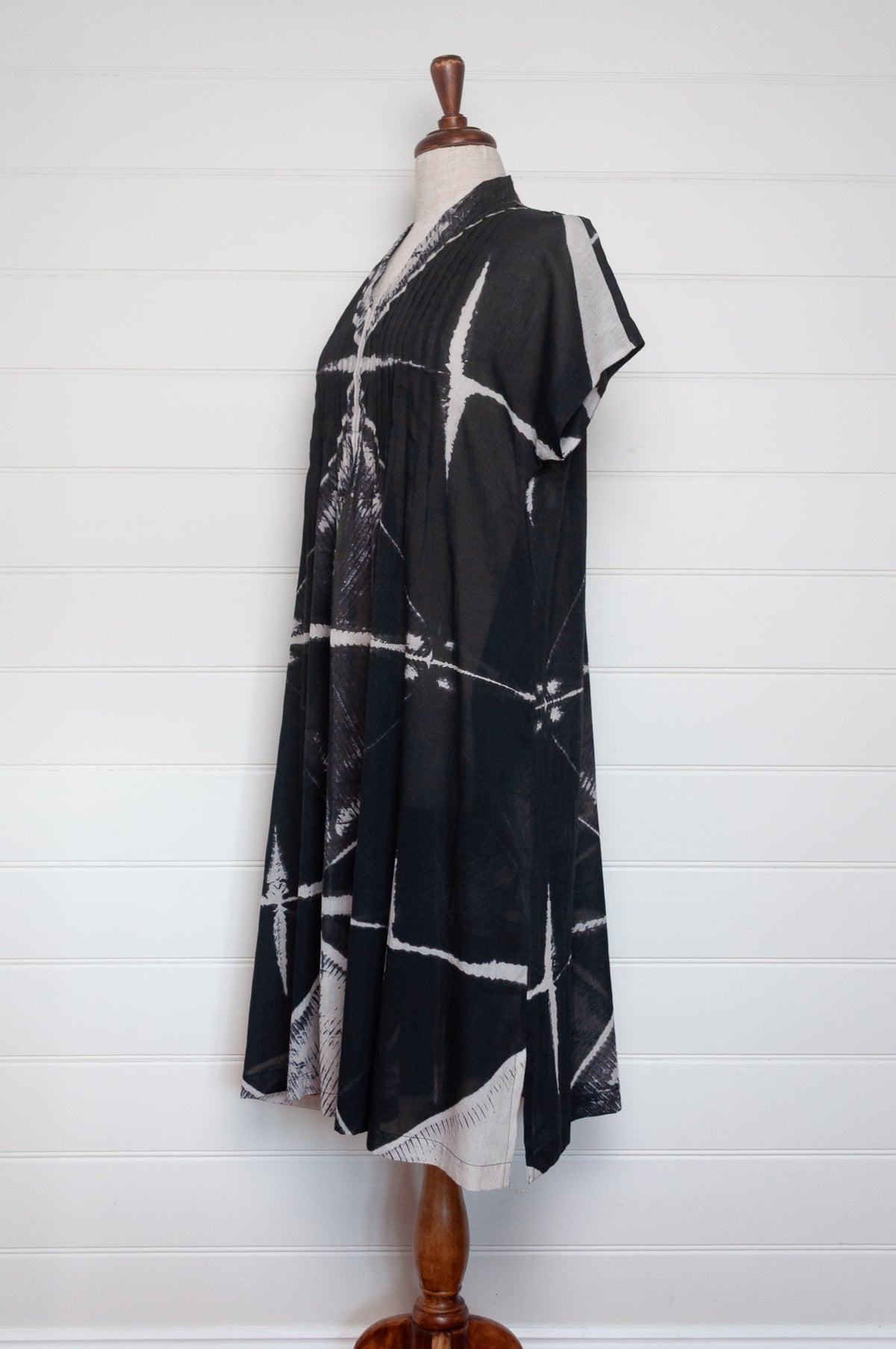 Neeru Kumar fine cotton pintucked cap sleeved dress in black and white shibori design.