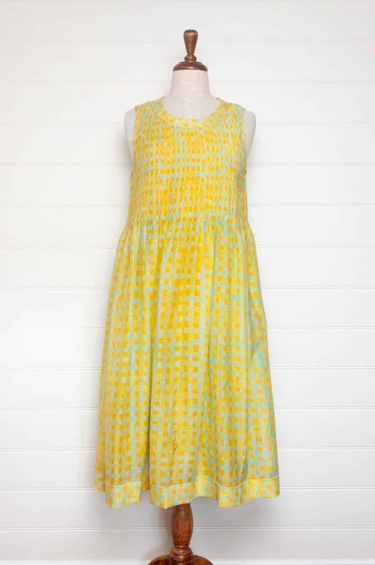 Neeru Kumar fine cotton silk pintucked sleeveless sundress in lime yellow with aqua check.