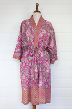 Load image into Gallery viewer, Juniper Hearth pure cotton kimono robe in magenta pink floral print with contrasting trim.