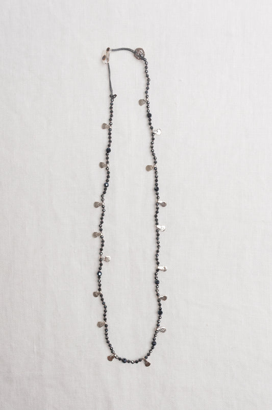 Mary Gaitani handmade grey spinels necklace with silver charms.