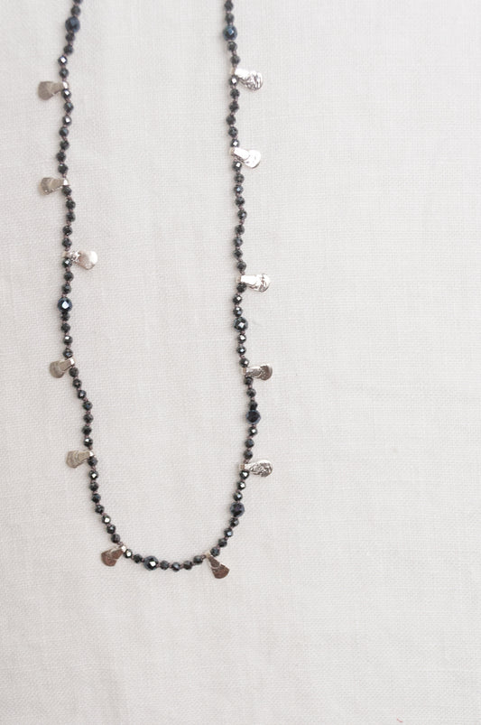 Mary Gaitani handmade grey spinels necklace with silver charms.