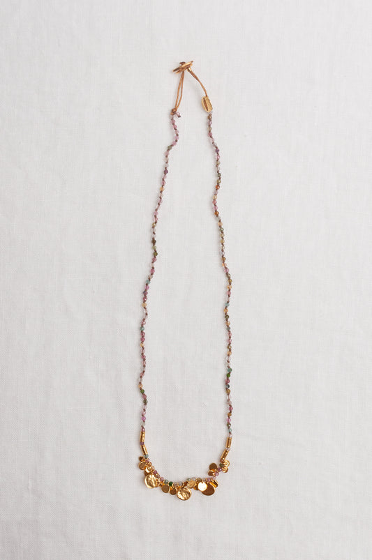 Mary Gaitani handmade tourmalines necklace with gold charms.