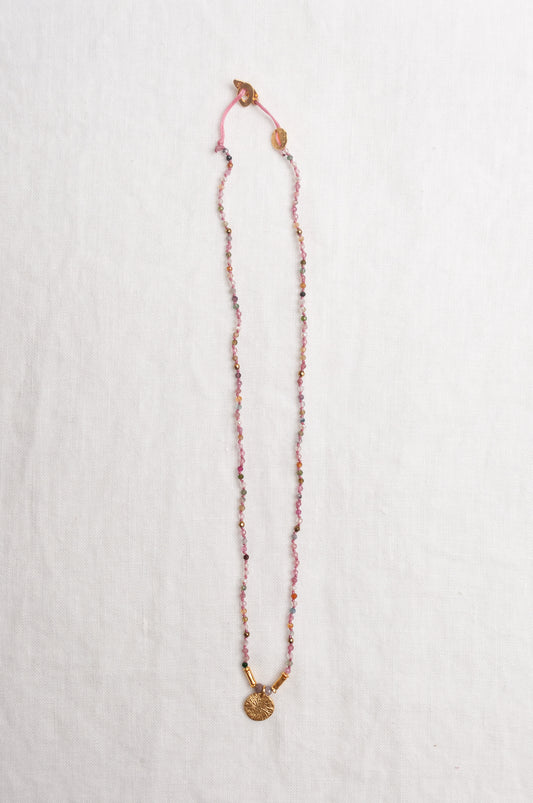 Mary Gaitani handmade tourmalines necklace with gold charms.