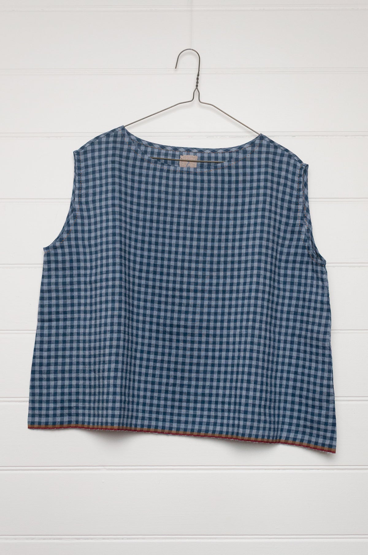 DVE Aishani sleeveless one size top in handloom linen in blue ashes check gingham.