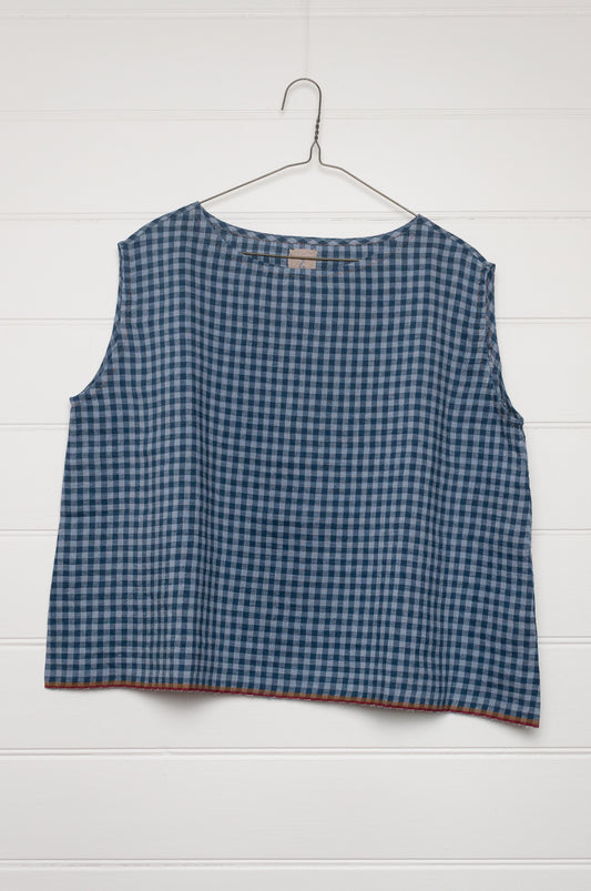 DVE Aishani sleeveless one size top in handloom linen in blue ashes check gingham.