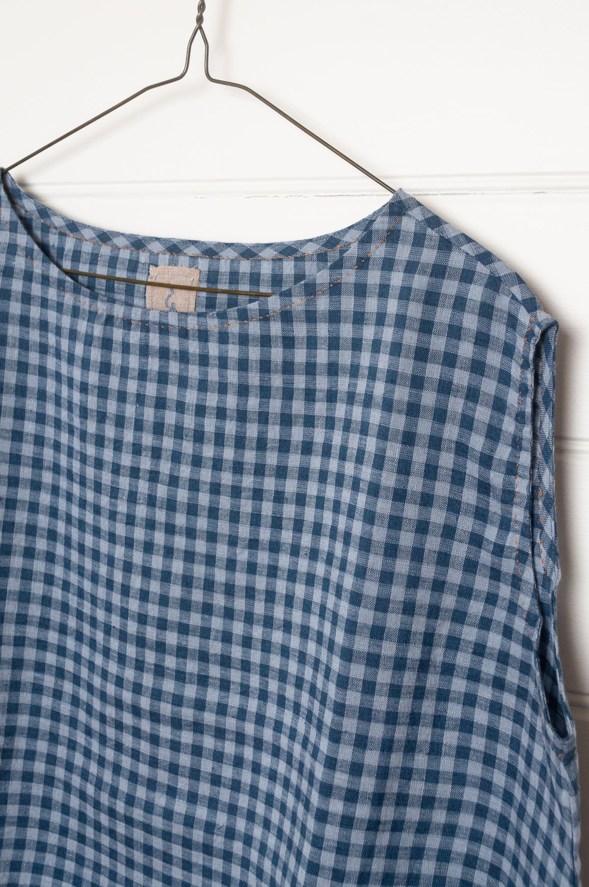 DVE Aishani sleeveless one size top in handloom linen in blue ashes check gingham.