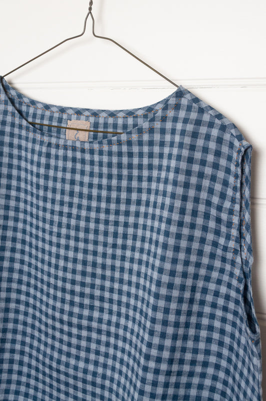 DVE Aishani sleeveless one size top in handloom linen in blue ashes check gingham.