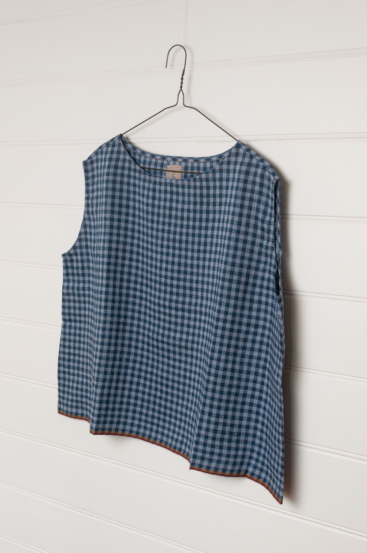 DVE Aishani sleeveless one size top in handloom linen in blue ashes check gingham.