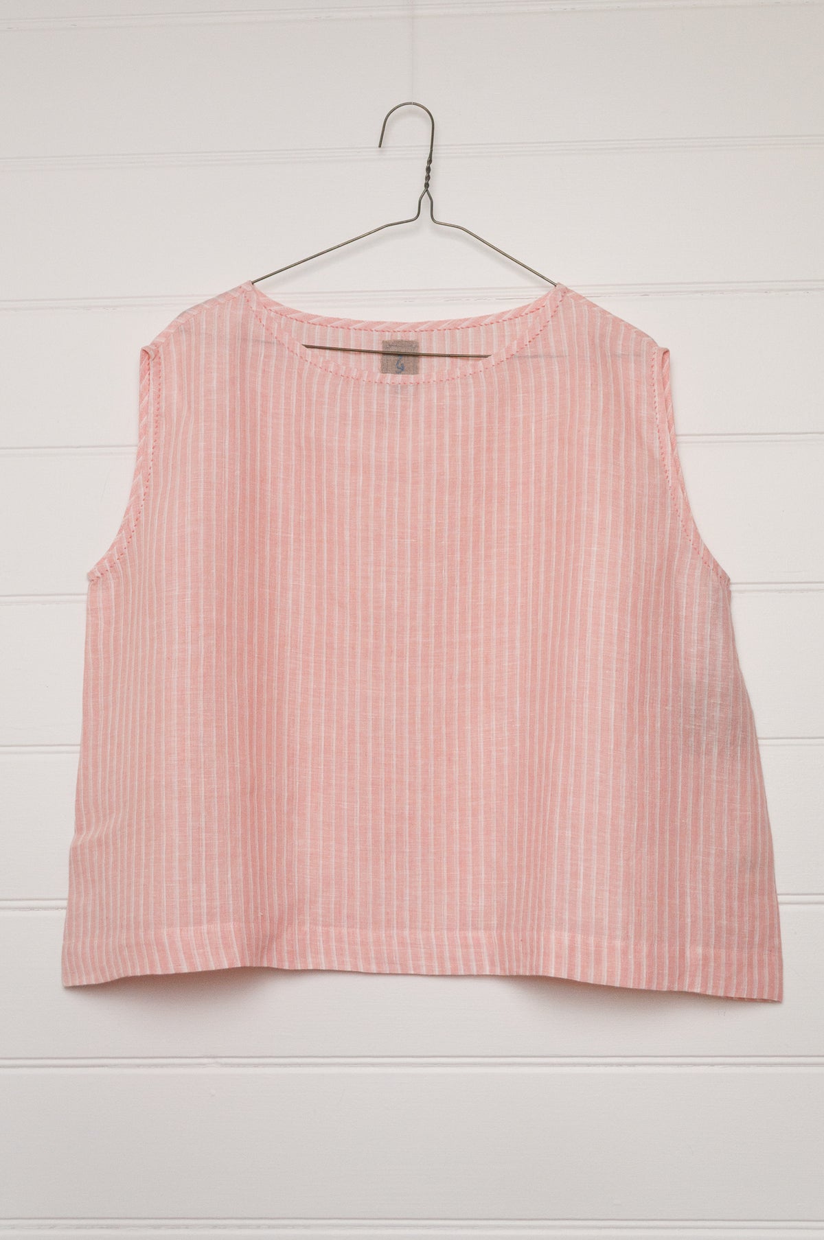 DVE AIshani sleeveless one size top in handloom linen in rose pink and white stripe.