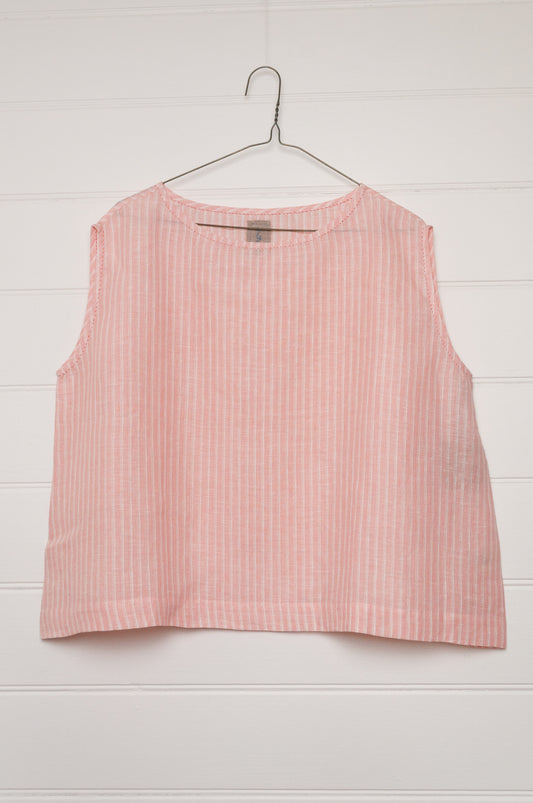 DVE AIshani sleeveless one size top in handloom linen in rose pink and white stripe.