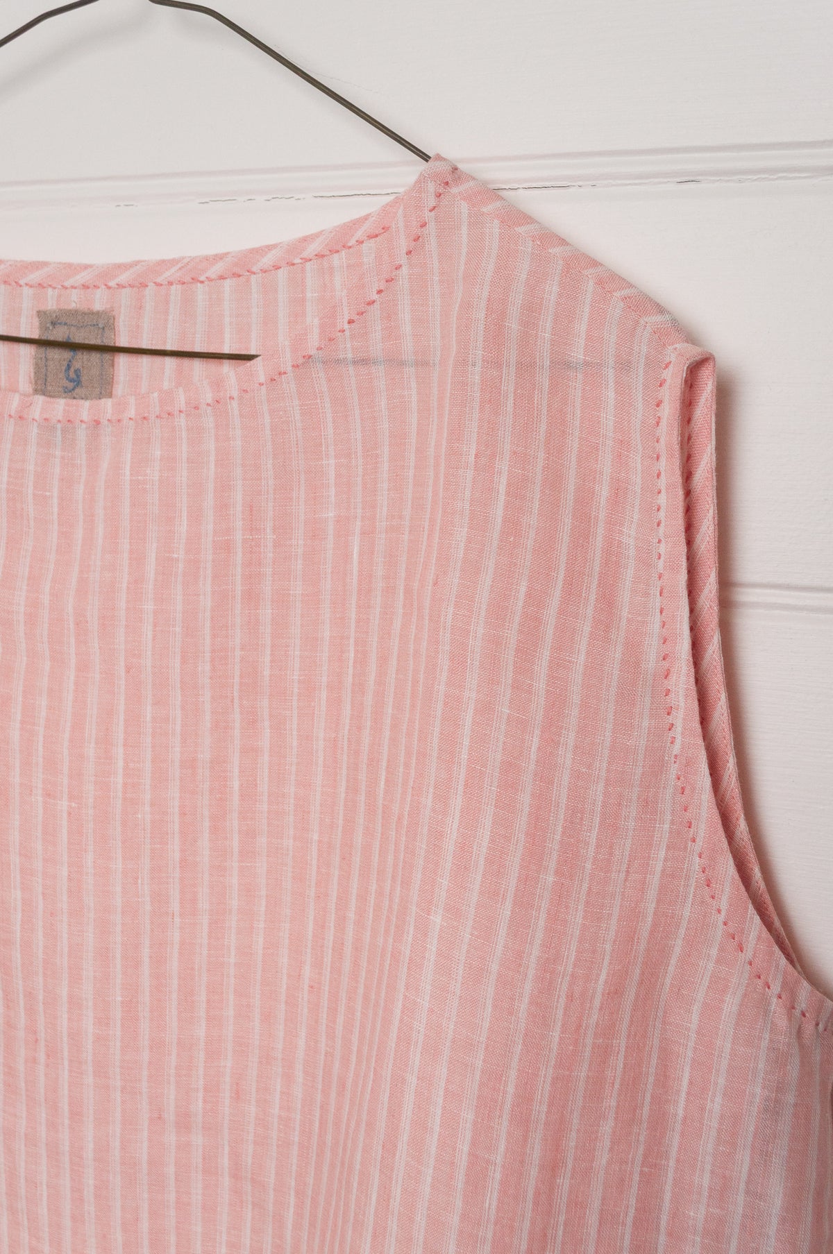 DVE AIshani sleeveless one size top in handloom linen in rose pink and white stripe.