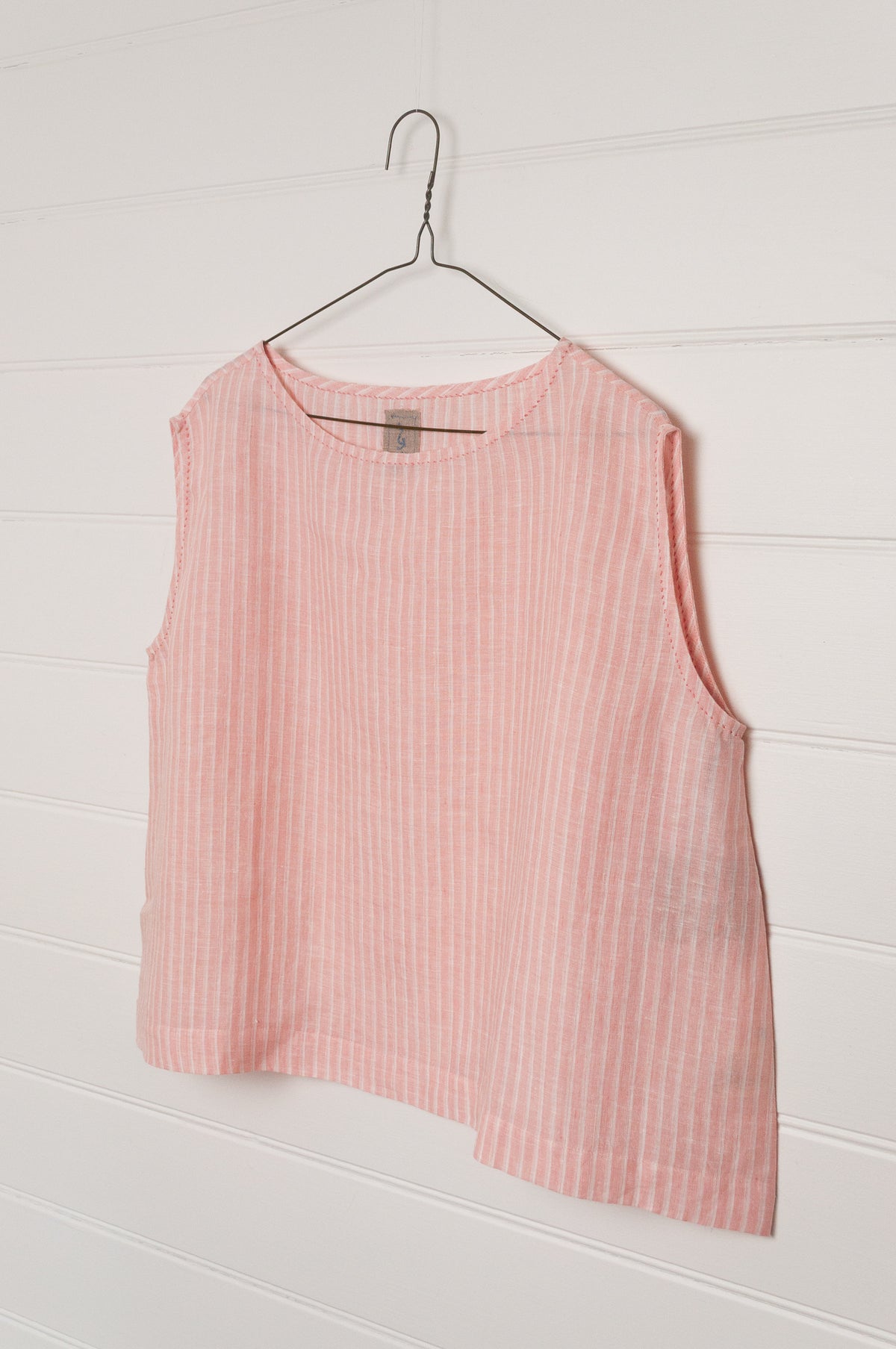 DVE AIshani sleeveless one size top in handloom linen in rose pink and white stripe.